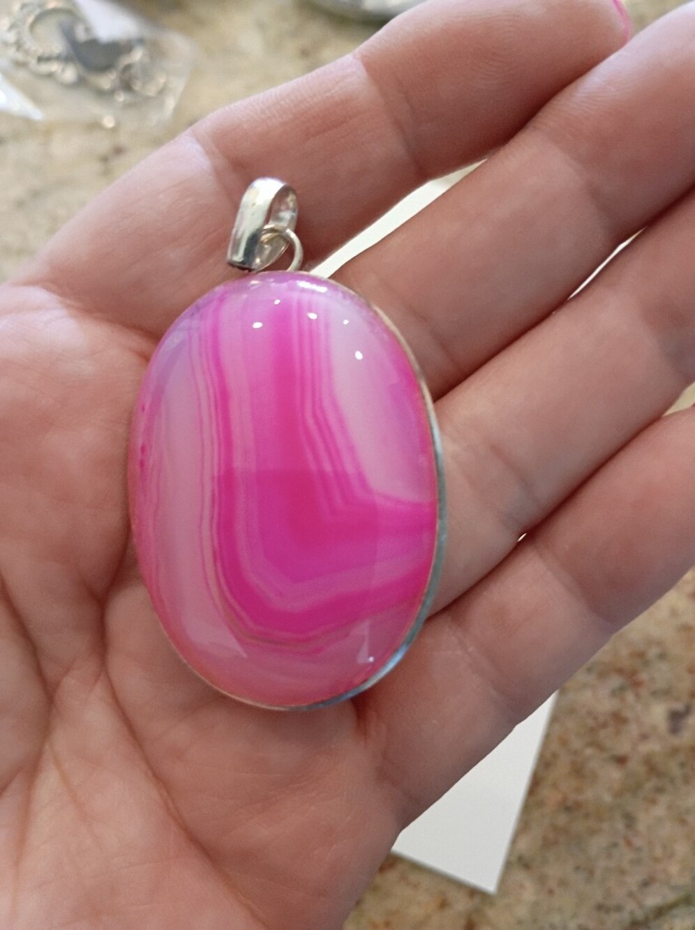 Huge Real Hot Pink Banded Agate Pendant Necklace BEAUTIFUL!